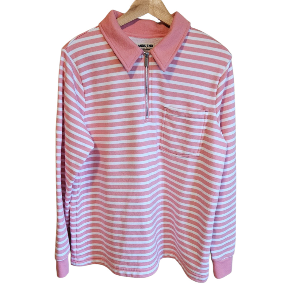 Lands' End Serious Sweats Large 14/16 Pink White Stripe Quarter Zip Sweatshirt